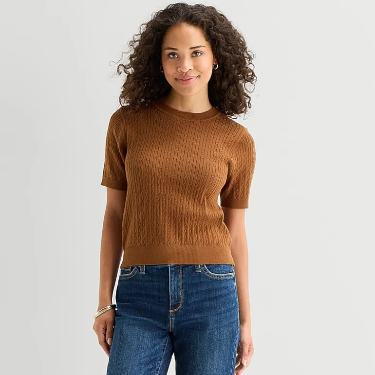 St. John's Bay Womens Crew Neck Short Sleeve Cable Knit Pullover Sweater