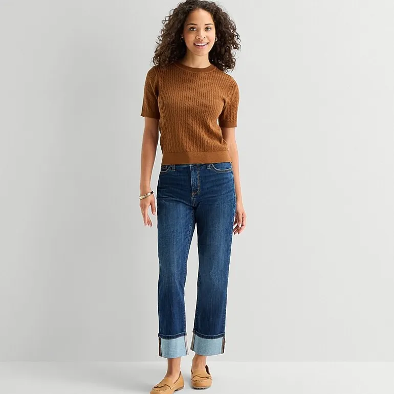 St. John's Bay Womens Crew Neck Short Sleeve Cable Knit Pullover Sweater
