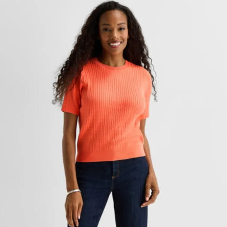 St. John's Bay Womens Crew Neck Short Sleeve Cable Knit Pullover Sweater