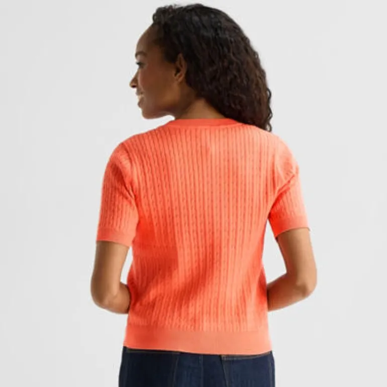 St. John's Bay Womens Crew Neck Short Sleeve Cable Knit Pullover Sweater