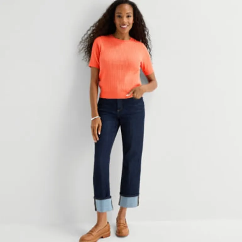St. John's Bay Womens Crew Neck Short Sleeve Cable Knit Pullover Sweater