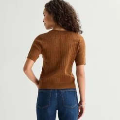 St. John's Bay Womens Crew Neck Short Sleeve Cable Knit Pullover Sweater