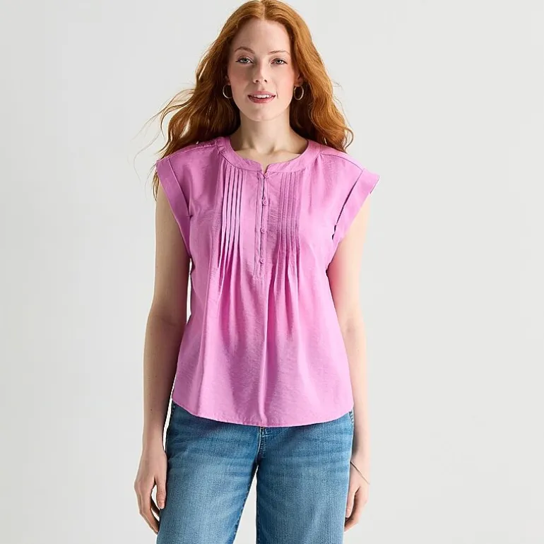St. John's Bay Womens Henley Neck Short Sleeve Blouse