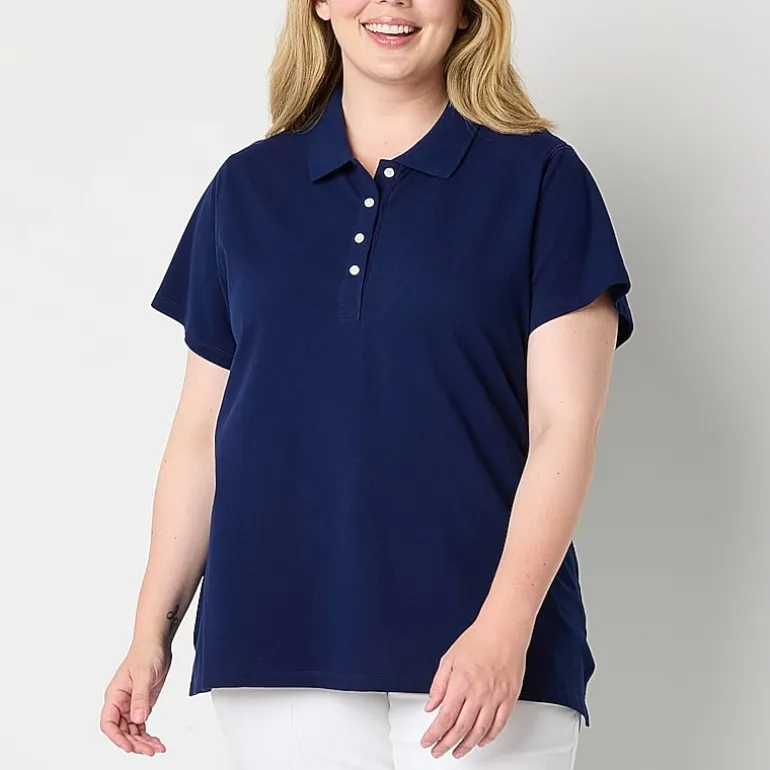 St. John's Bay Womens Plus Adaptive Short Sleeve Easy-on + Easy-off Polo Shirt
