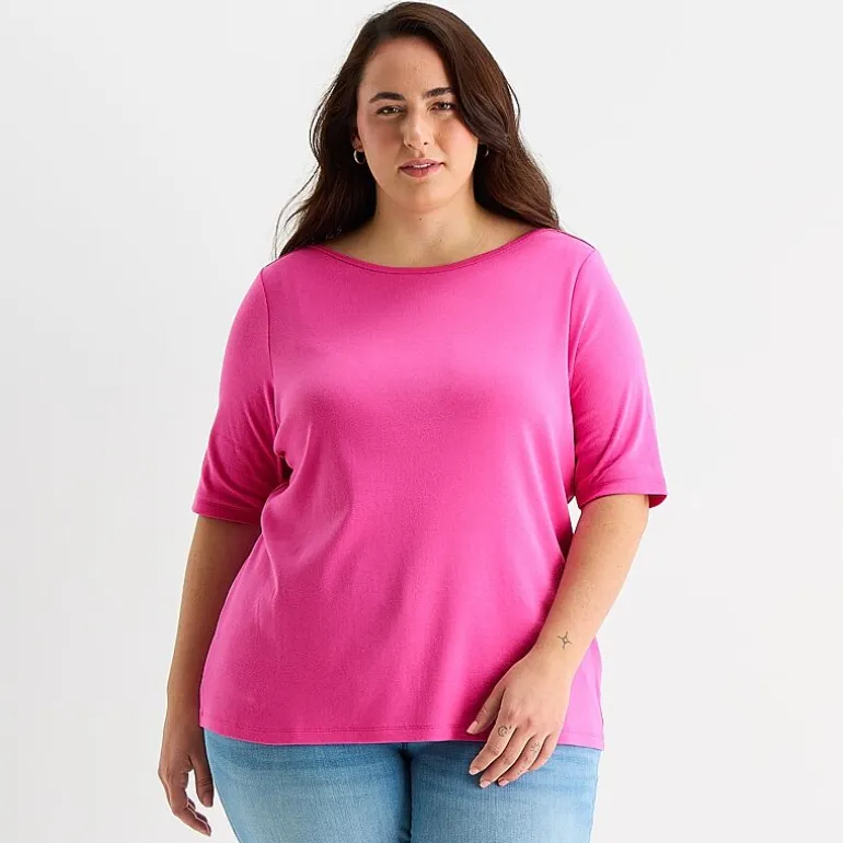 St. John's Bay Womens Plus Boat Neck Elbow Sleeve T-Shirt