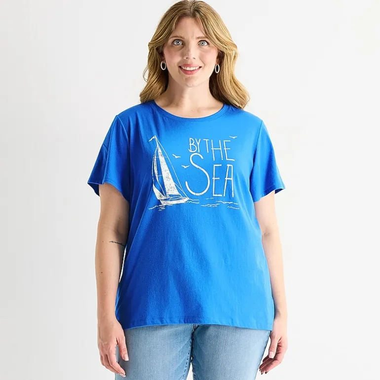 St. John's Bay Womens Plus Crew Neck Short Sleeve Regular Fit Graphic T-Shirt