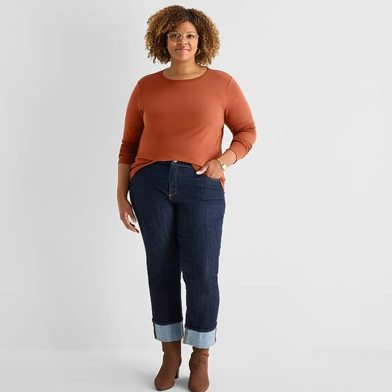St. John's Bay Womens Plus Crew Neck Long Sleeve T-Shirt