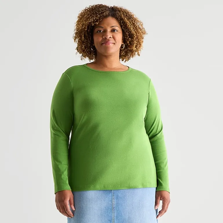 St. John's Bay Womens Plus Crew Neck Long Sleeve T-Shirt