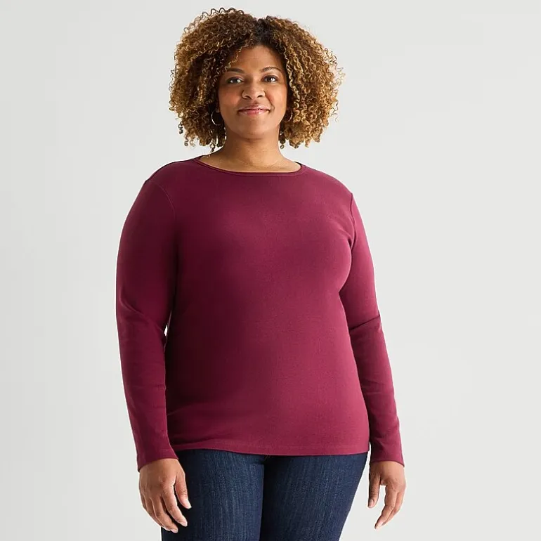 St. John's Bay Womens Plus Crew Neck Long Sleeve T-Shirt