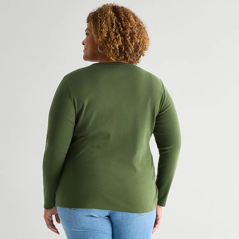 St. John's Bay Womens Plus Crew Neck Long Sleeve T-Shirt