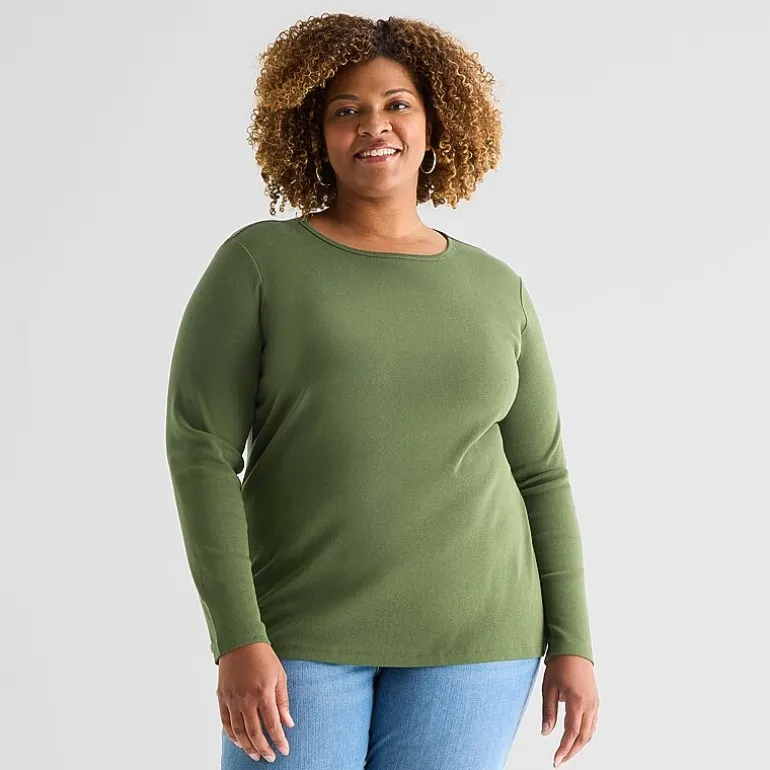 St. John's Bay Womens Plus Crew Neck Long Sleeve T-Shirt