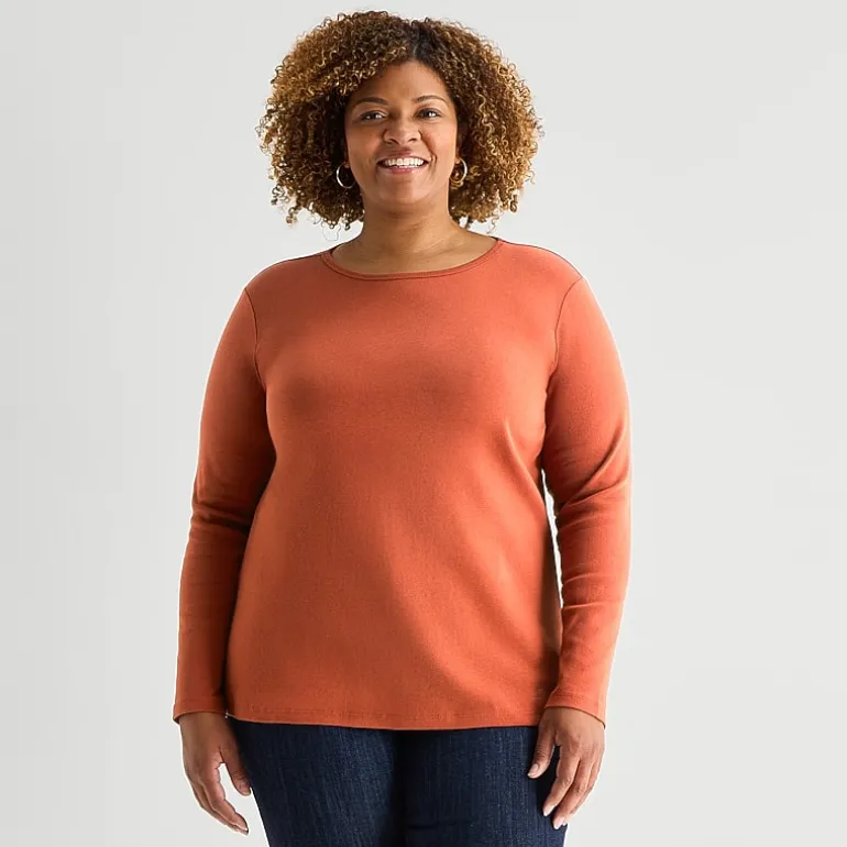 St. John's Bay Womens Plus Crew Neck Long Sleeve T-Shirt