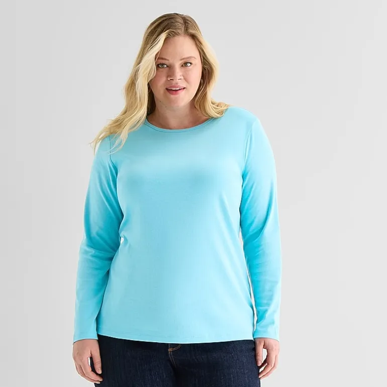 St. John's Bay Womens Plus Crew Neck Long Sleeve T-Shirt