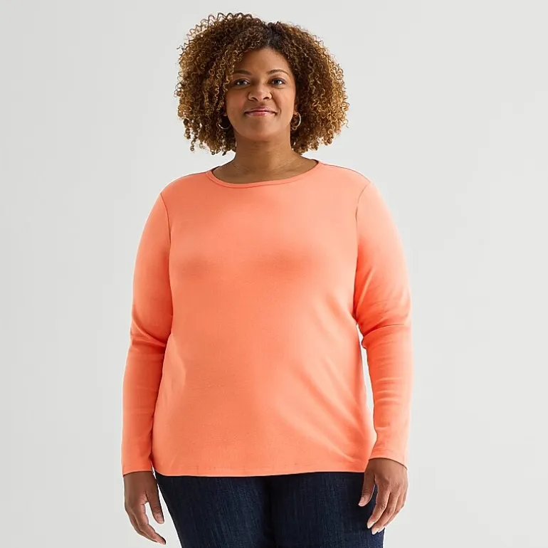 St. John's Bay Womens Plus Crew Neck Long Sleeve T-Shirt