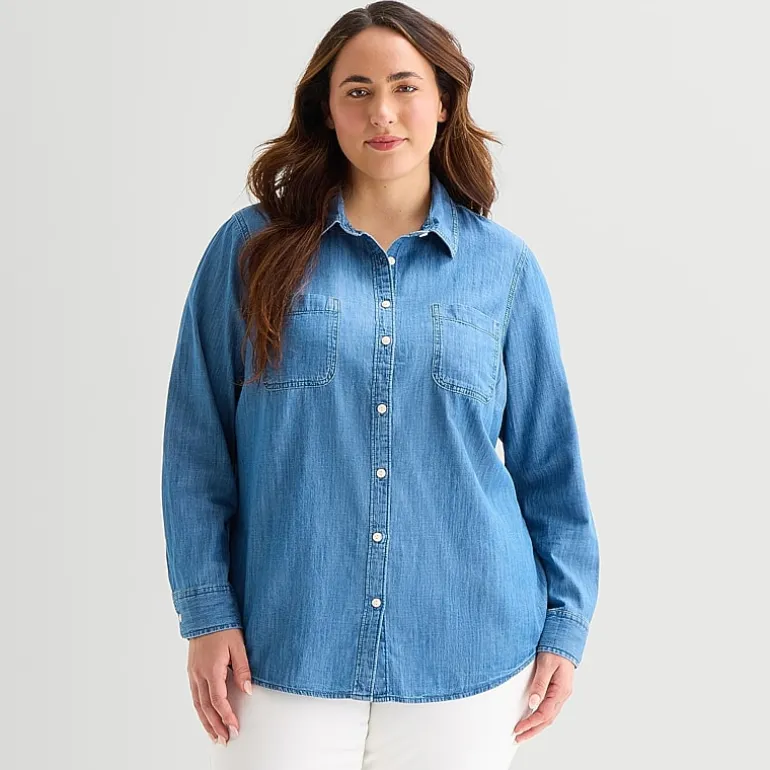 St. John's Bay Womens Plus Cuffed Long Sleeve Regular Fit Button-Down Shirt