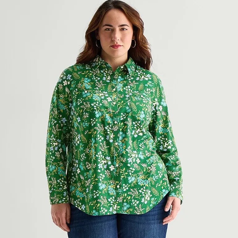 St. John's Bay Womens Plus Cuffed Long Sleeve Regular Fit Button-Down Shirt