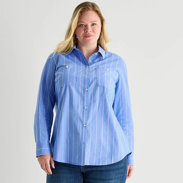 St. John's Bay Womens Plus Cuffed Long Sleeve Regular Fit Button-Down Shirt