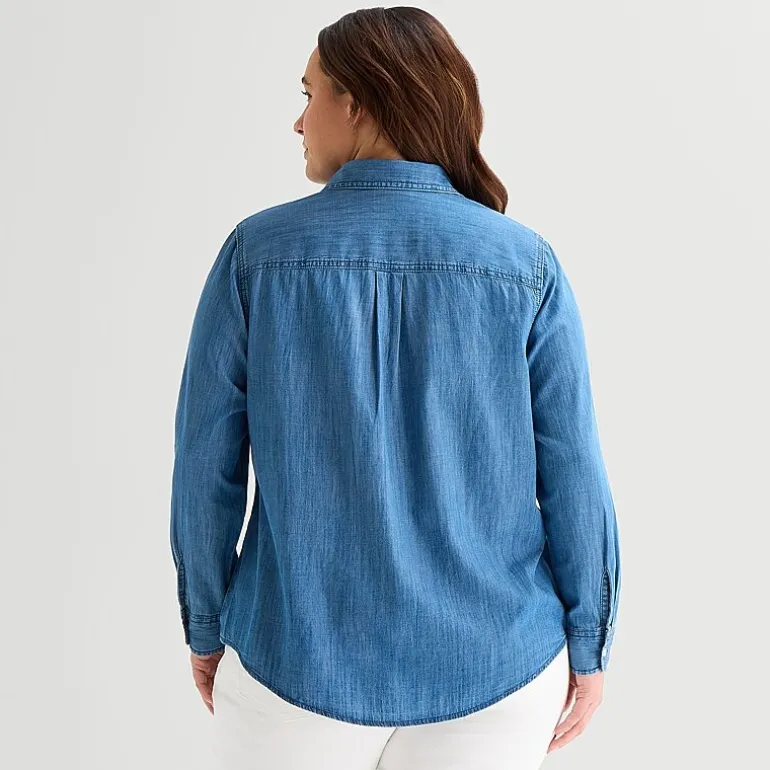 St. John's Bay Womens Plus Cuffed Long Sleeve Regular Fit Button-Down Shirt