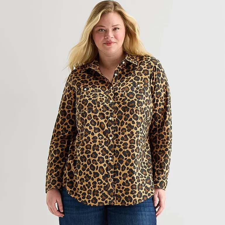 St. John's Bay Womens Plus Cuffed Long Sleeve Regular Fit Button-Down Shirt