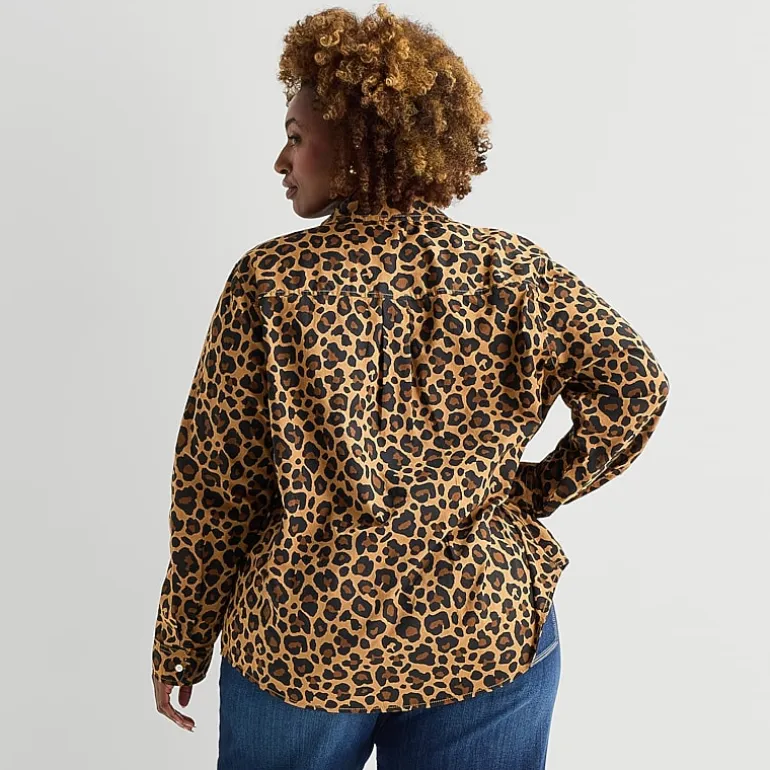 St. John's Bay Womens Plus Easy-on + Easy-off Cuffed Long Sleeve Regular Fit Button-Down Shirt