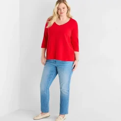 St. John's Bay Womens Plus Easy-on + Easy-off V Neck 3/4 Sleeve Adaptive T-Shirt