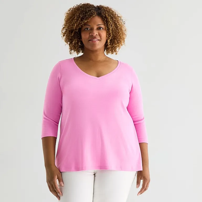 St. John's Bay Womens Plus Easy-on + Easy-off V Neck 3/4 Sleeve Adaptive T-Shirt