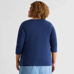 St. John's Bay Womens Plus Easy-on + Easy-off V Neck 3/4 Sleeve Adaptive T-Shirt