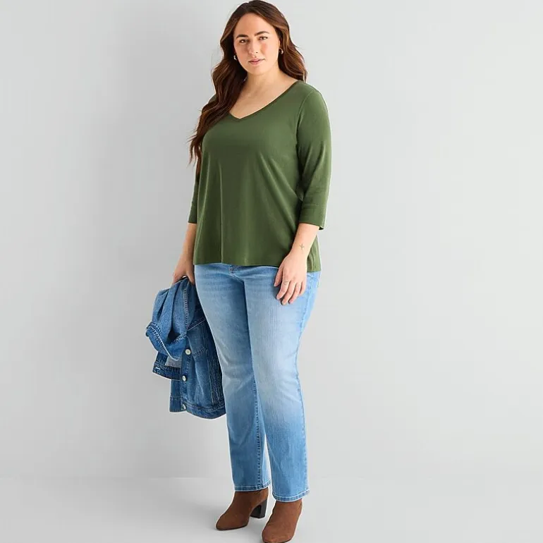 St. John's Bay Womens Plus Easy-on + Easy-off V Neck 3/4 Sleeve Adaptive T-Shirt