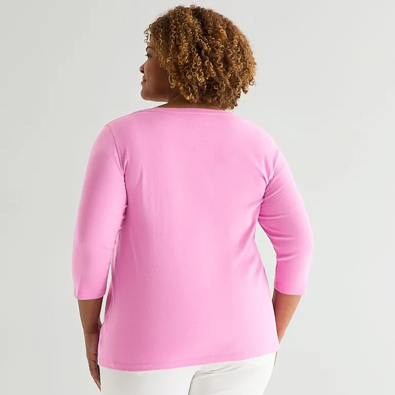 St. John's Bay Womens Plus Easy-on + Easy-off V Neck 3/4 Sleeve Adaptive T-Shirt