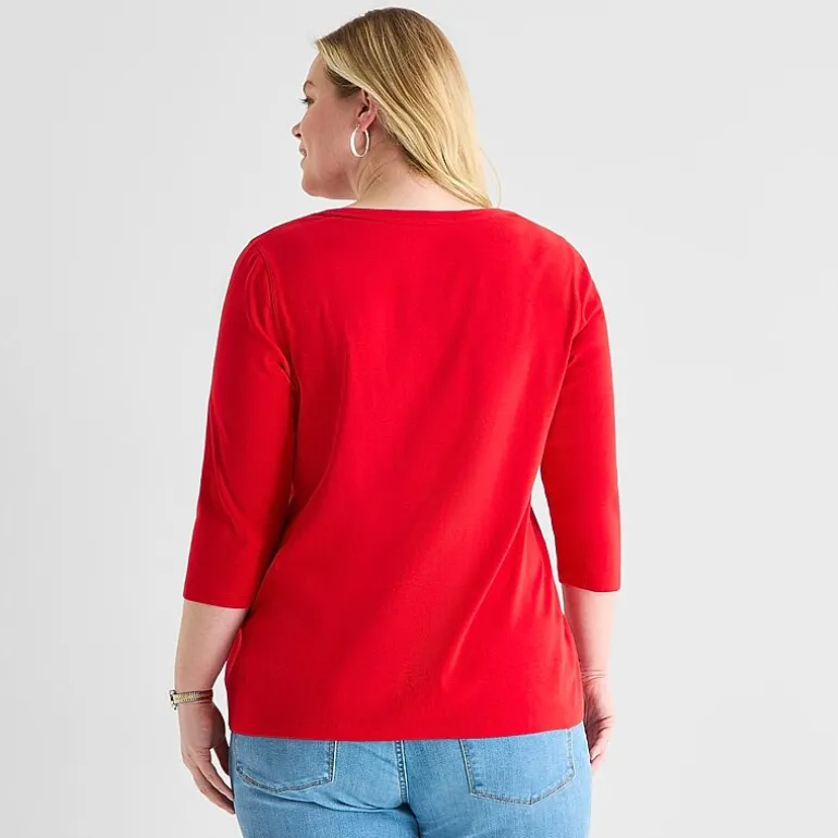 St. John's Bay Womens Plus Easy-on + Easy-off V Neck 3/4 Sleeve Adaptive T-Shirt