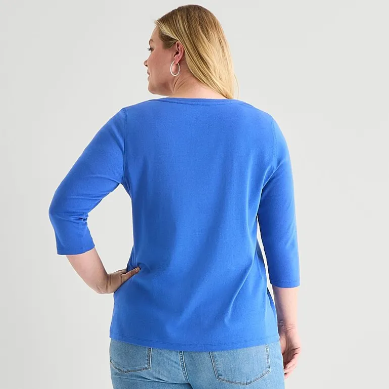 St. John's Bay Womens Plus Easy-on + Easy-off V Neck 3/4 Sleeve Adaptive T-Shirt