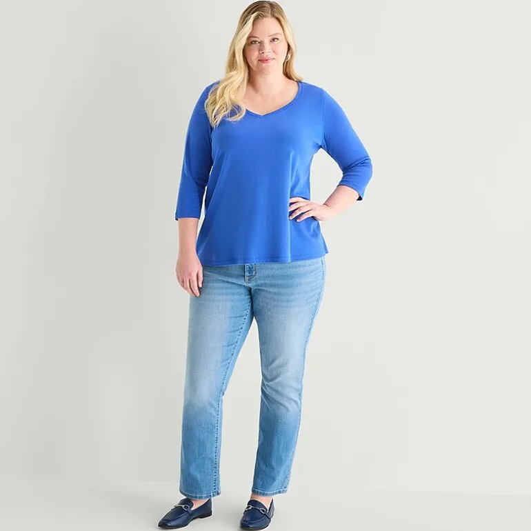 St. John's Bay Womens Plus Easy-on + Easy-off V Neck 3/4 Sleeve Adaptive T-Shirt