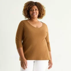 St. John's Bay Womens Plus Easy-on + Easy-off V Neck 3/4 Sleeve Adaptive T-Shirt