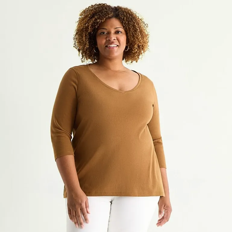 St. John's Bay Womens Plus Easy-on + Easy-off V Neck 3/4 Sleeve Adaptive T-Shirt