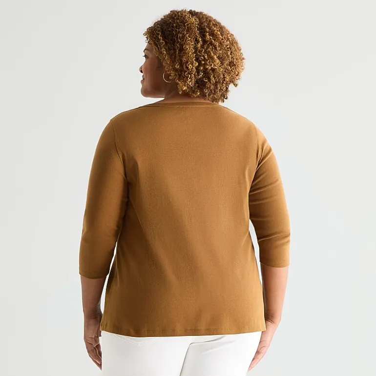 St. John's Bay Womens Plus Easy-on + Easy-off V Neck 3/4 Sleeve Adaptive T-Shirt