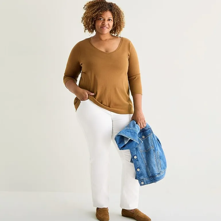 St. John's Bay Womens Plus Easy-on + Easy-off V Neck 3/4 Sleeve Adaptive T-Shirt