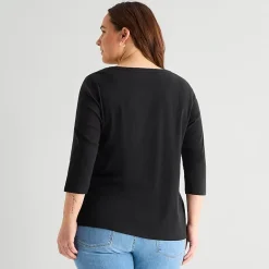 St. John's Bay Womens Plus Easy-on + Easy-off V Neck 3/4 Sleeve Adaptive T-Shirt