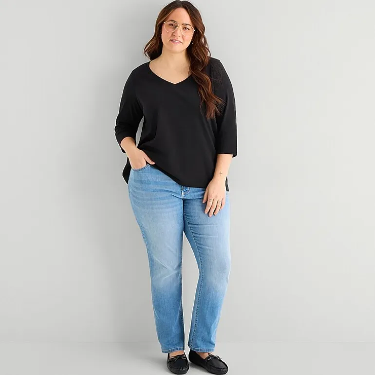 St. John's Bay Womens Plus Easy-on + Easy-off V Neck 3/4 Sleeve Adaptive T-Shirt