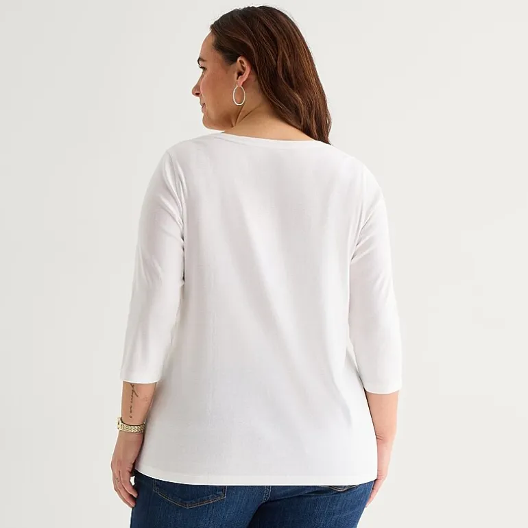 St. John's Bay Womens Plus Easy-on + Easy-off V Neck 3/4 Sleeve Adaptive T-Shirt