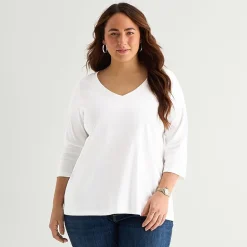 St. John's Bay Womens Plus Easy-on + Easy-off V Neck 3/4 Sleeve Adaptive T-Shirt