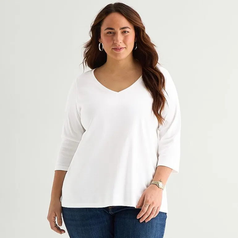 St. John's Bay Womens Plus Easy-on + Easy-off V Neck 3/4 Sleeve Adaptive T-Shirt