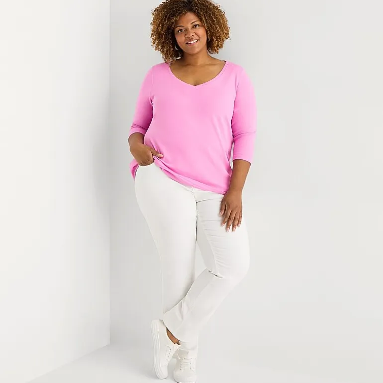 St. John's Bay Womens Plus Easy-on + Easy-off V Neck 3/4 Sleeve Adaptive T-Shirt