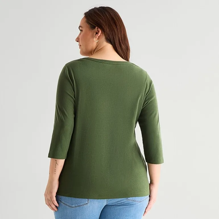 St. John's Bay Womens Plus Easy-on + Easy-off V Neck 3/4 Sleeve Adaptive T-Shirt