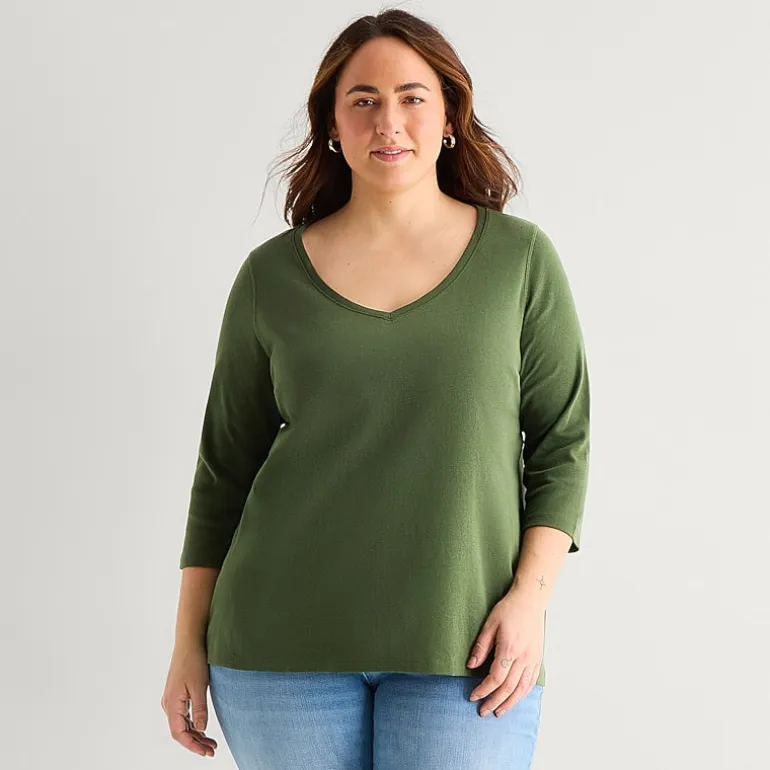 St. John's Bay Womens Plus Easy-on + Easy-off V Neck 3/4 Sleeve Adaptive T-Shirt