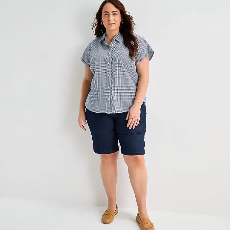 St. John's Bay Womens Plus Easy-on + Easy-off Hidden Access Opening Roll Short Sleeve Regular Fit Button-Down Shirt