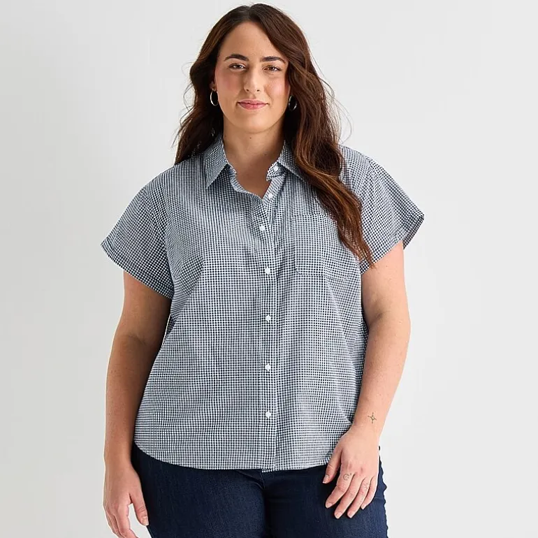 St. John's Bay Womens Plus Easy-on + Easy-off Hidden Access Opening Roll Short Sleeve Regular Fit Button-Down Shirt