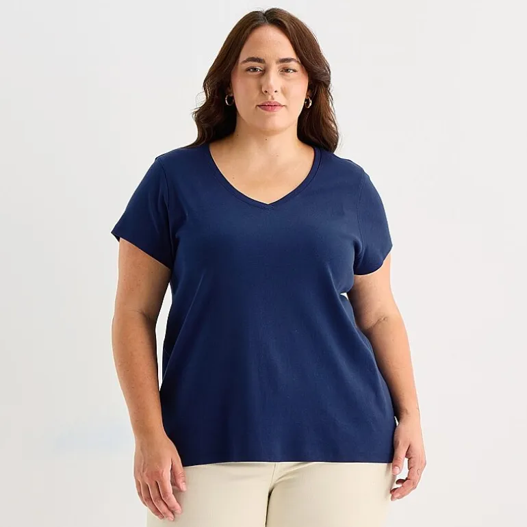St. John's Bay Womens Plus Easy-on + Easy-off V Neck Short Sleeve Adaptive T-Shirt
