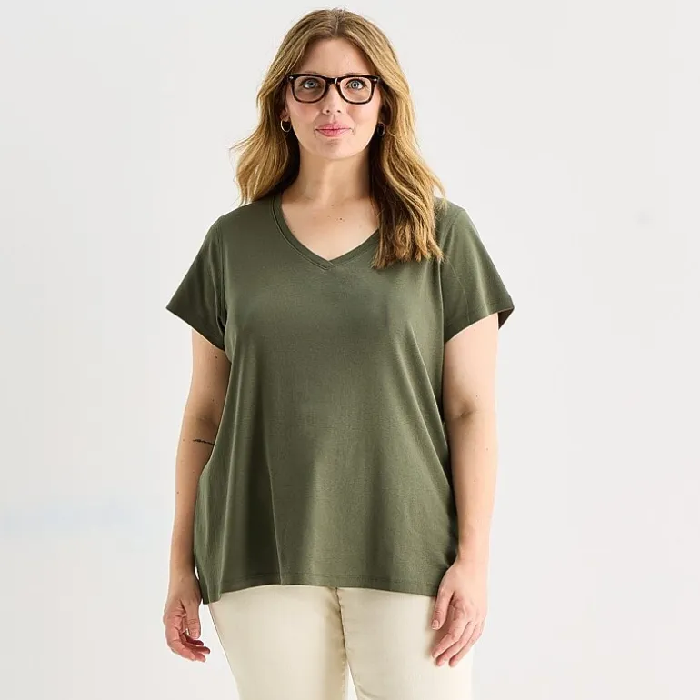 St. John's Bay Womens Plus Easy-on + Easy-off V Neck Short Sleeve Adaptive T-Shirt