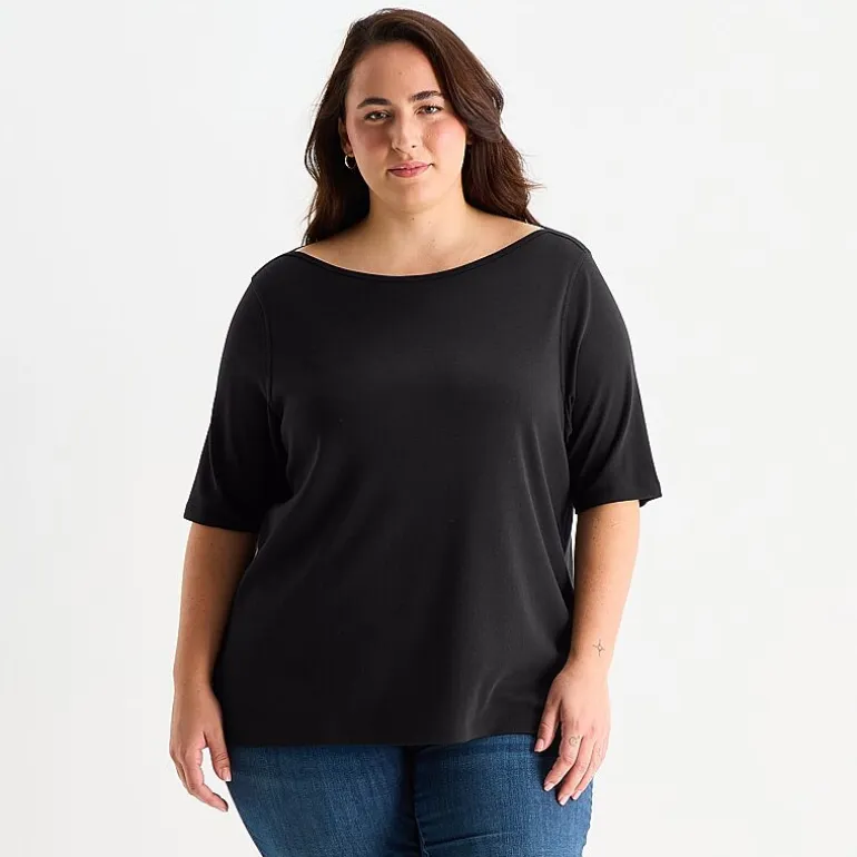 St. John's Bay Womens Plus Easy-on + Easy-off Boat Neck Short Sleeve Adaptive T-Shirt