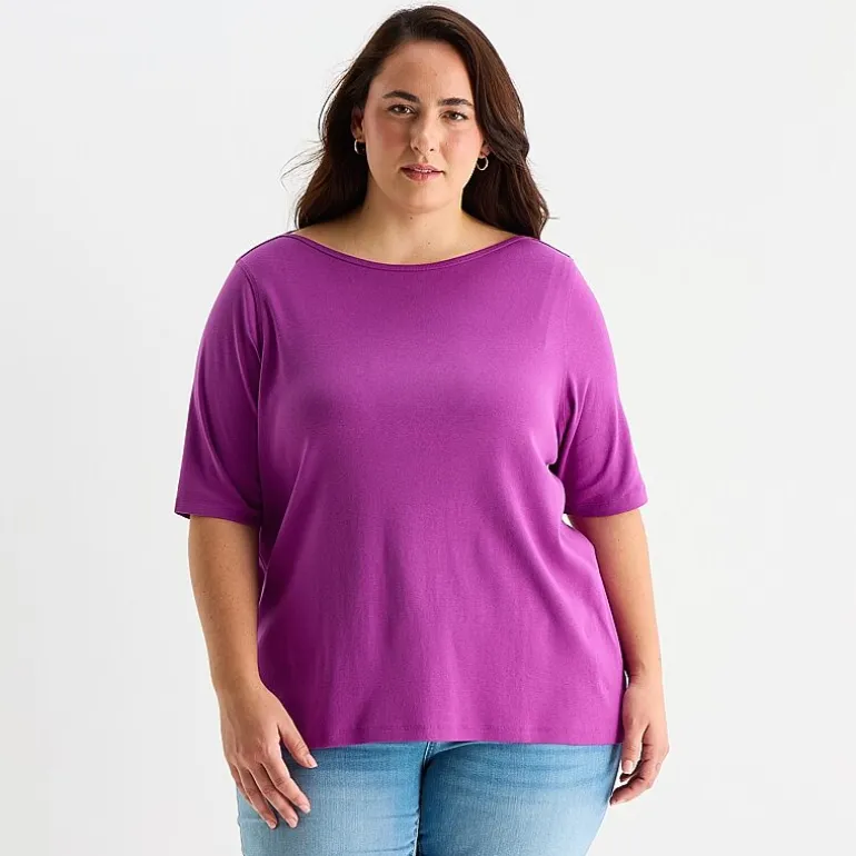 St. John's Bay Womens Plus Easy-on + Easy-off Boat Neck Short Sleeve Adaptive T-Shirt